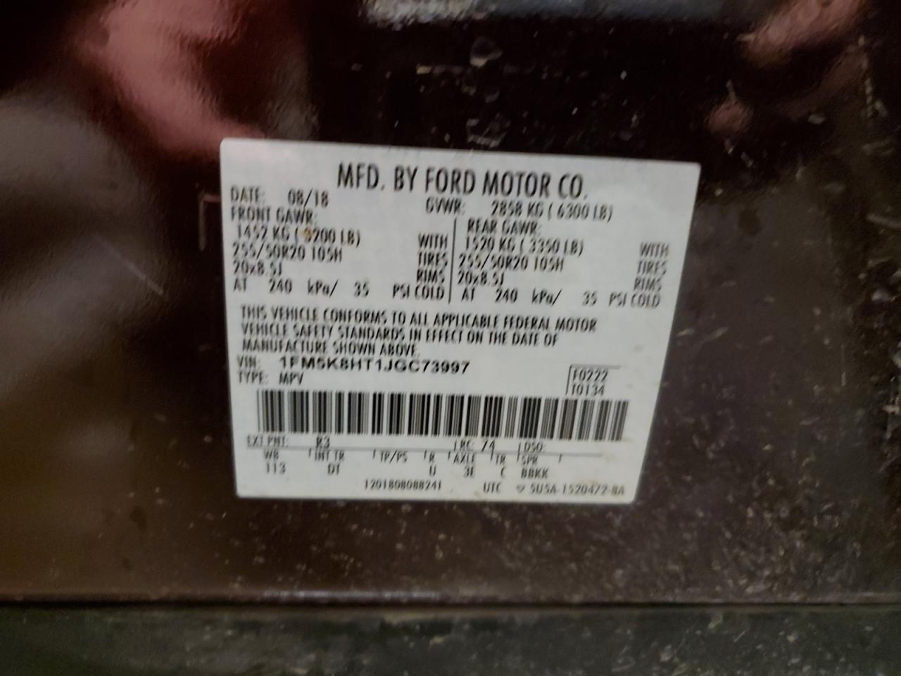 1FM5K8HT1JGC73997 FORD EXPLORER 2018