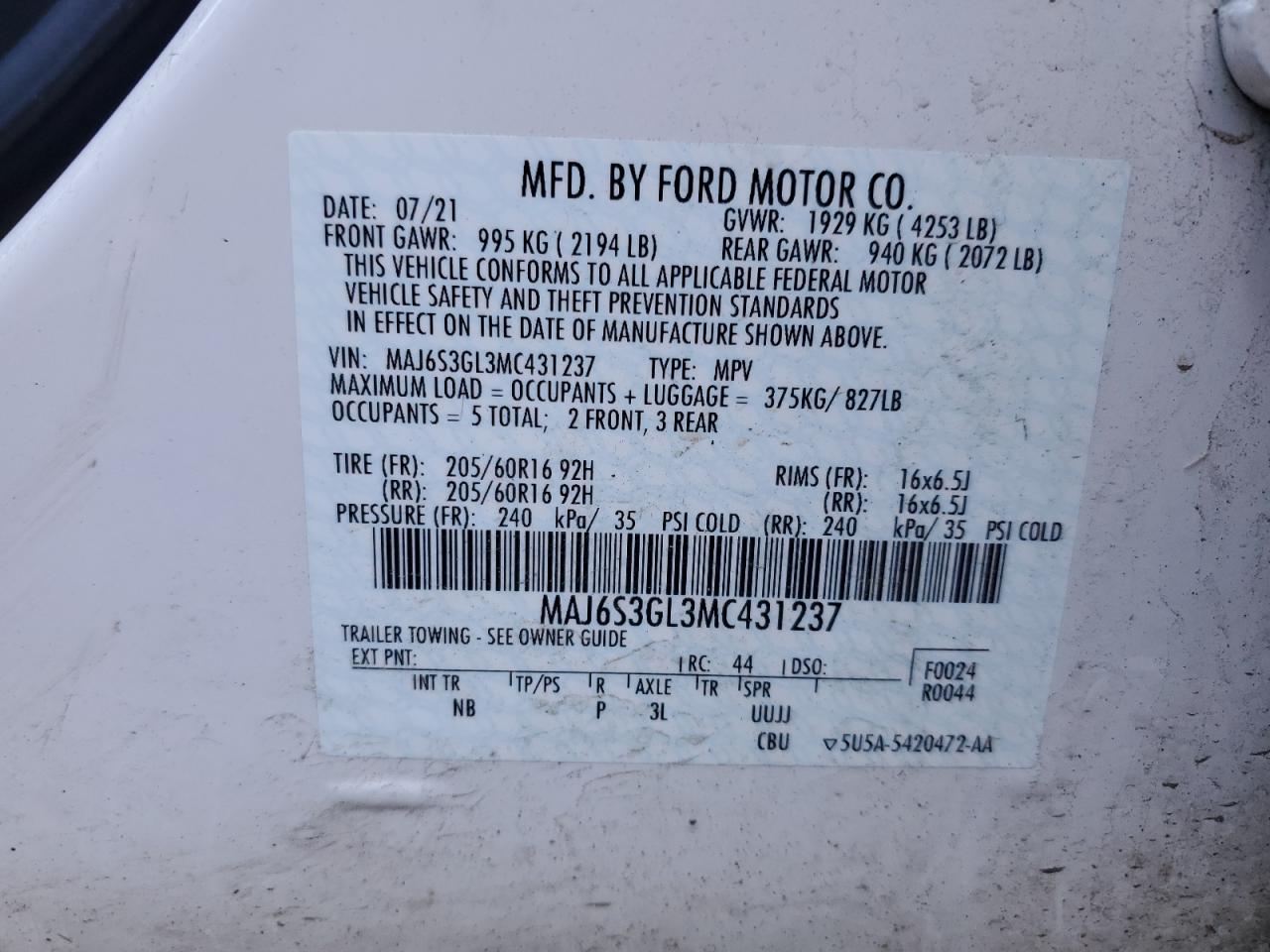 MAJ6S3GL3MC431237 FORD ECOSPORT 2021