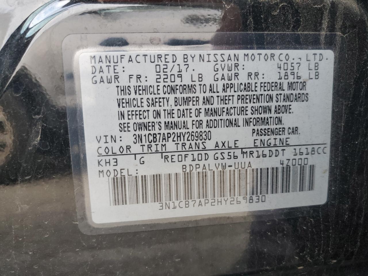 3N1CB7AP2HY269830 NISSAN SENTRA 2017