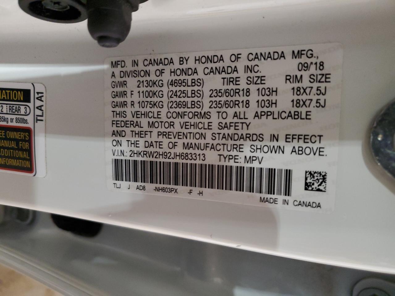 2HKRW2H92JH683313 HONDA CRV 2018