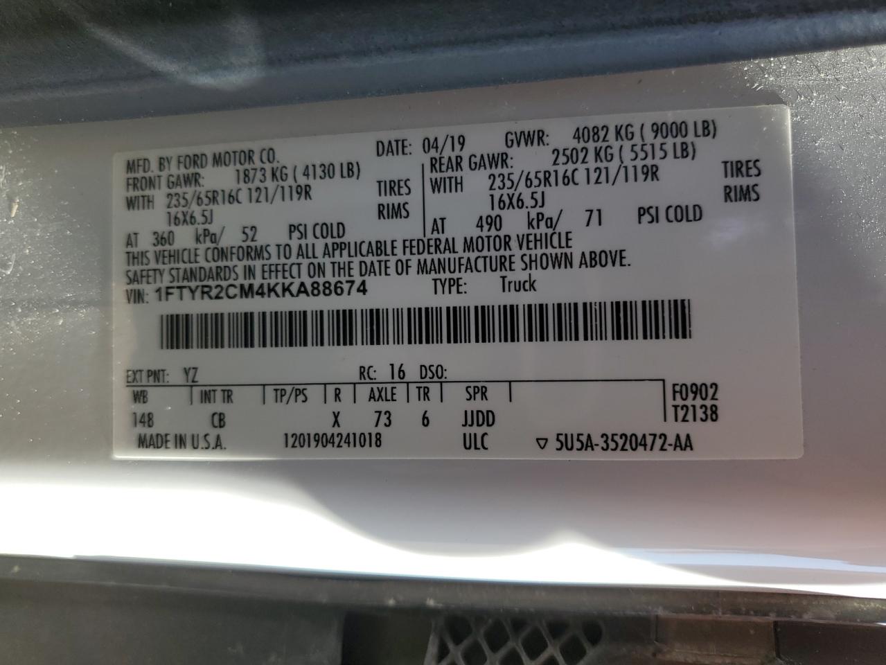 1FTYR2CM4KKA88674 FORD TRANSIT 2019