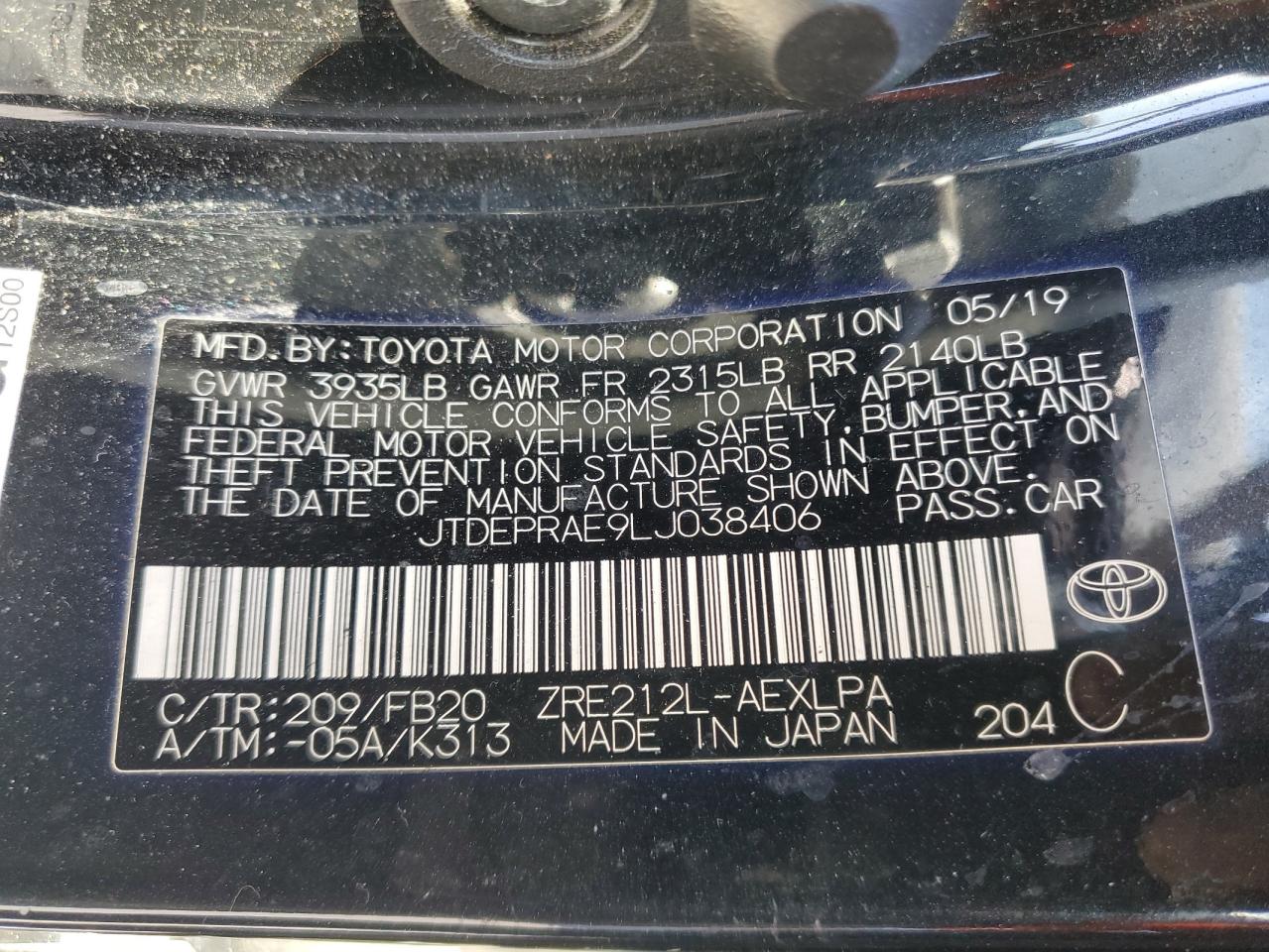 JTDEPRAE9LJ038406 TOYOTA COROLLA 2020