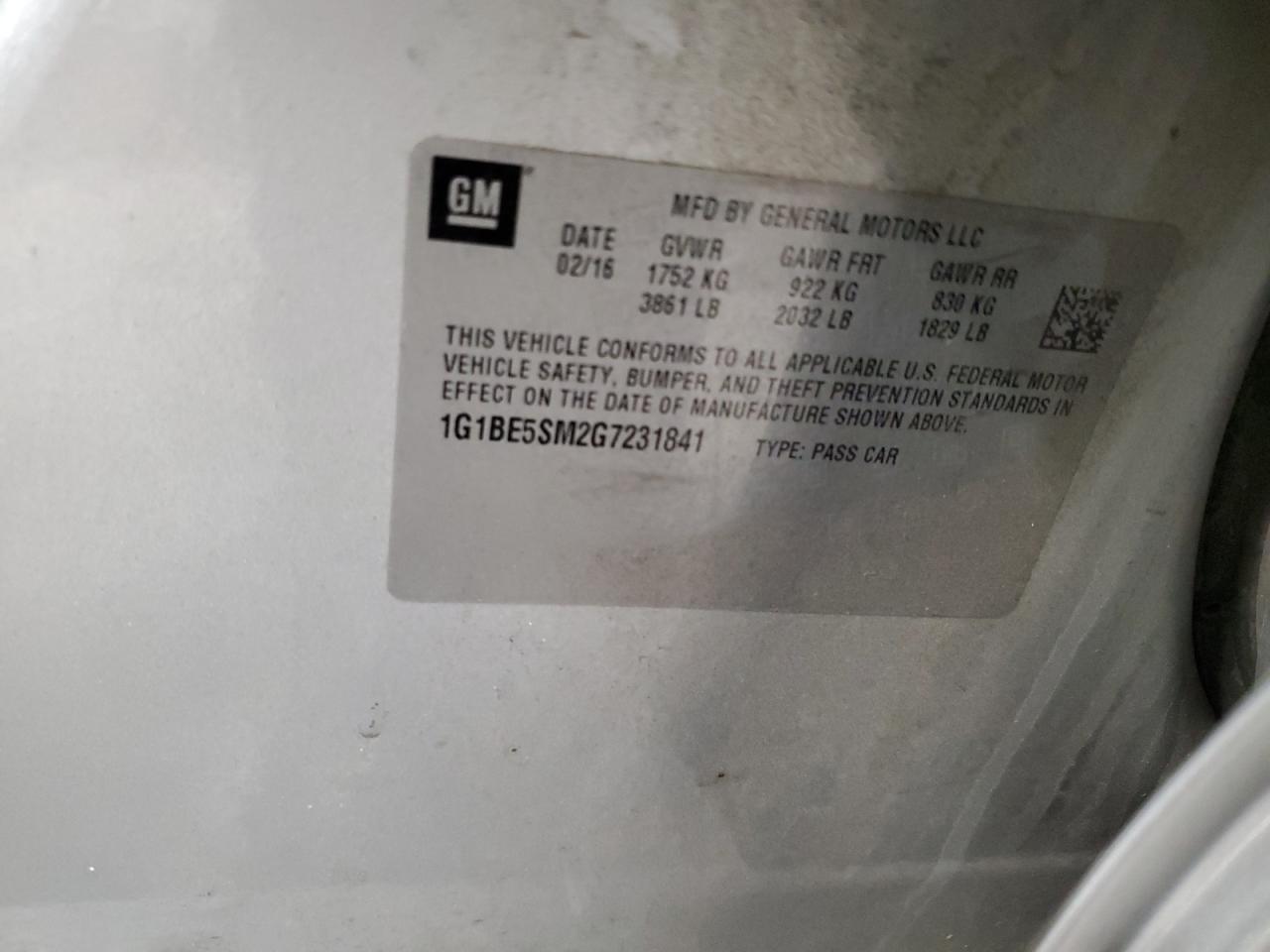 1G1BE5SM2G7231841 CHEVROLET CRUZE 2016