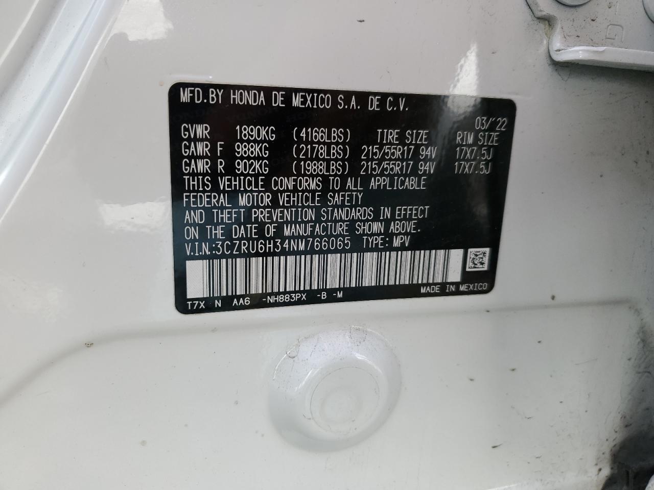 3CZRU6H34NM766065 HONDA HR-V 2022