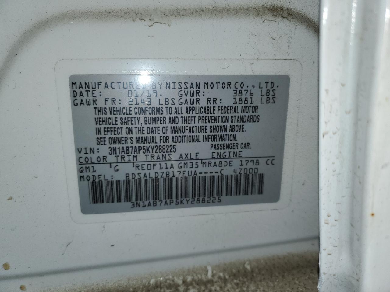 3N1AB7AP5KY288225 2019 Nissan Sentra S