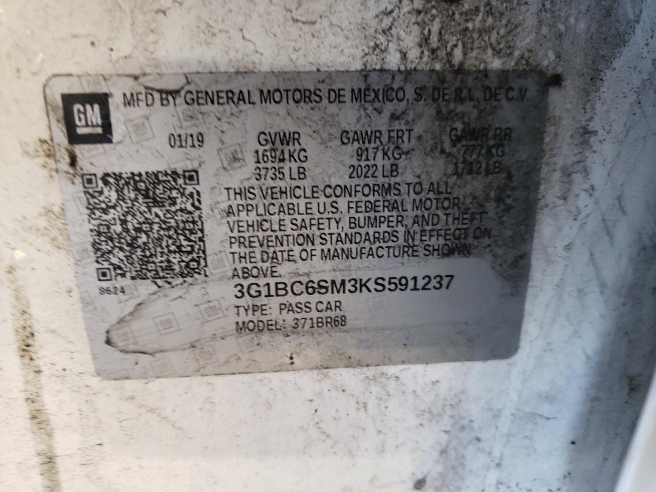 3G1BC6SM3KS591237 CHEVROLET CRUZE 2019
