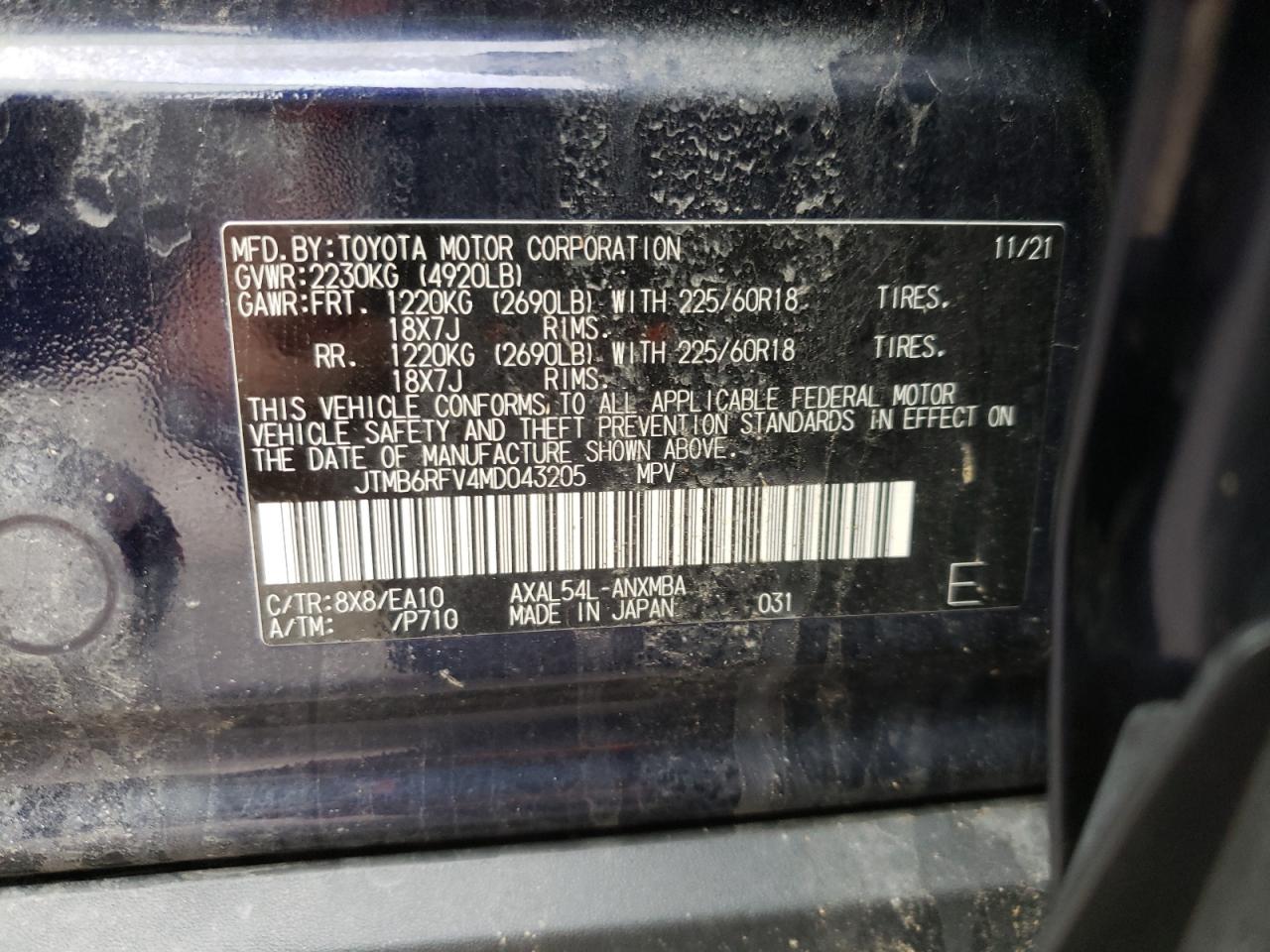 JTMB6RFV4MD043205 TOYOTA RAV4 2021