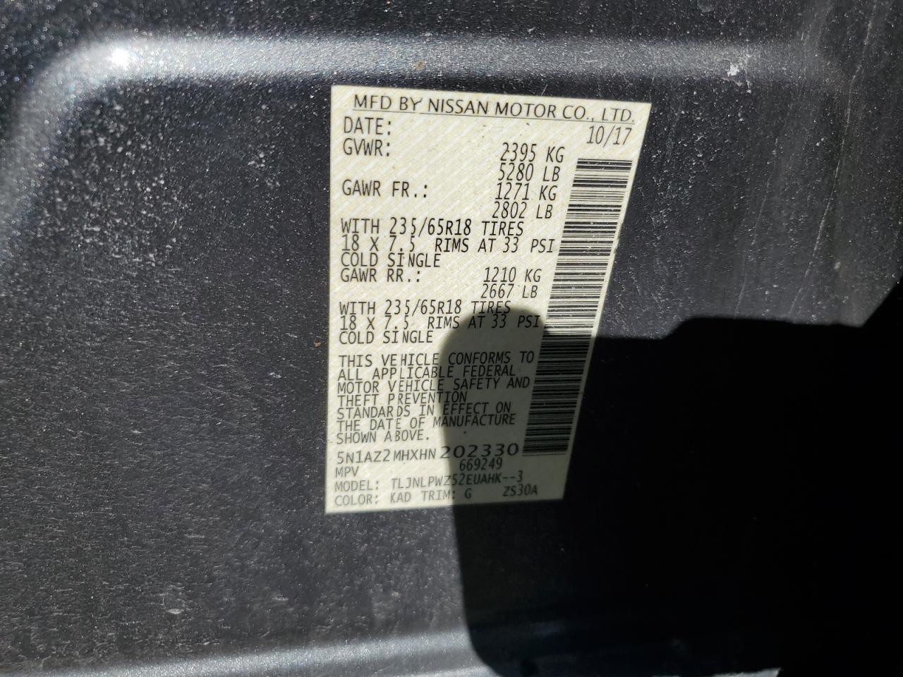 5N1AZ2MHXHN202330 NISSAN MURANO 2017
