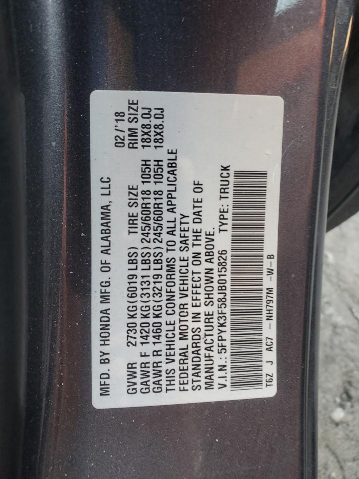 5FPYK3F58JB015826 HONDA RIDGELINE 2018