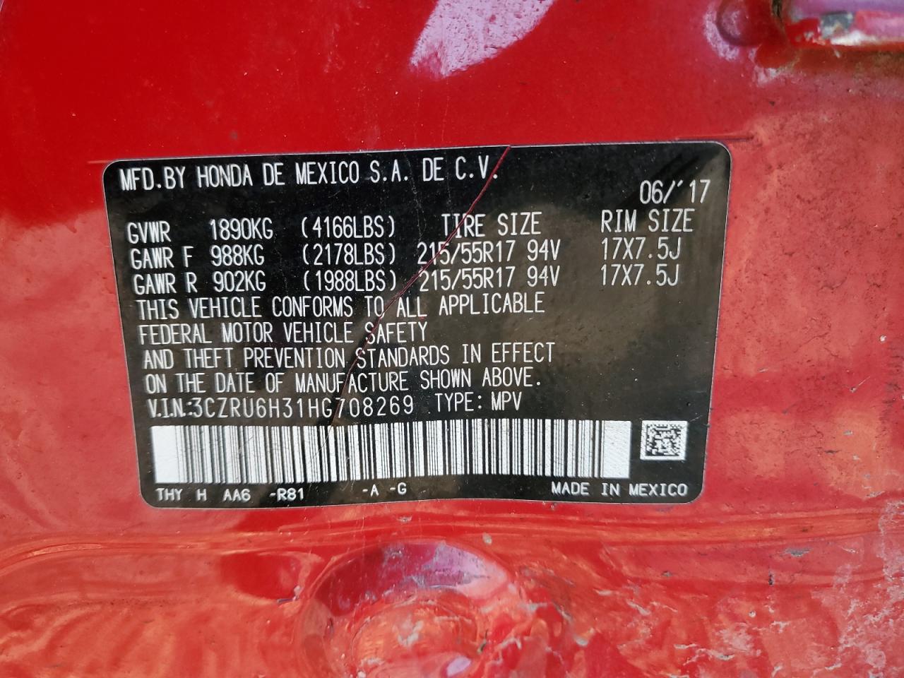 3CZRU6H31HG708269 HONDA HR-V 2017