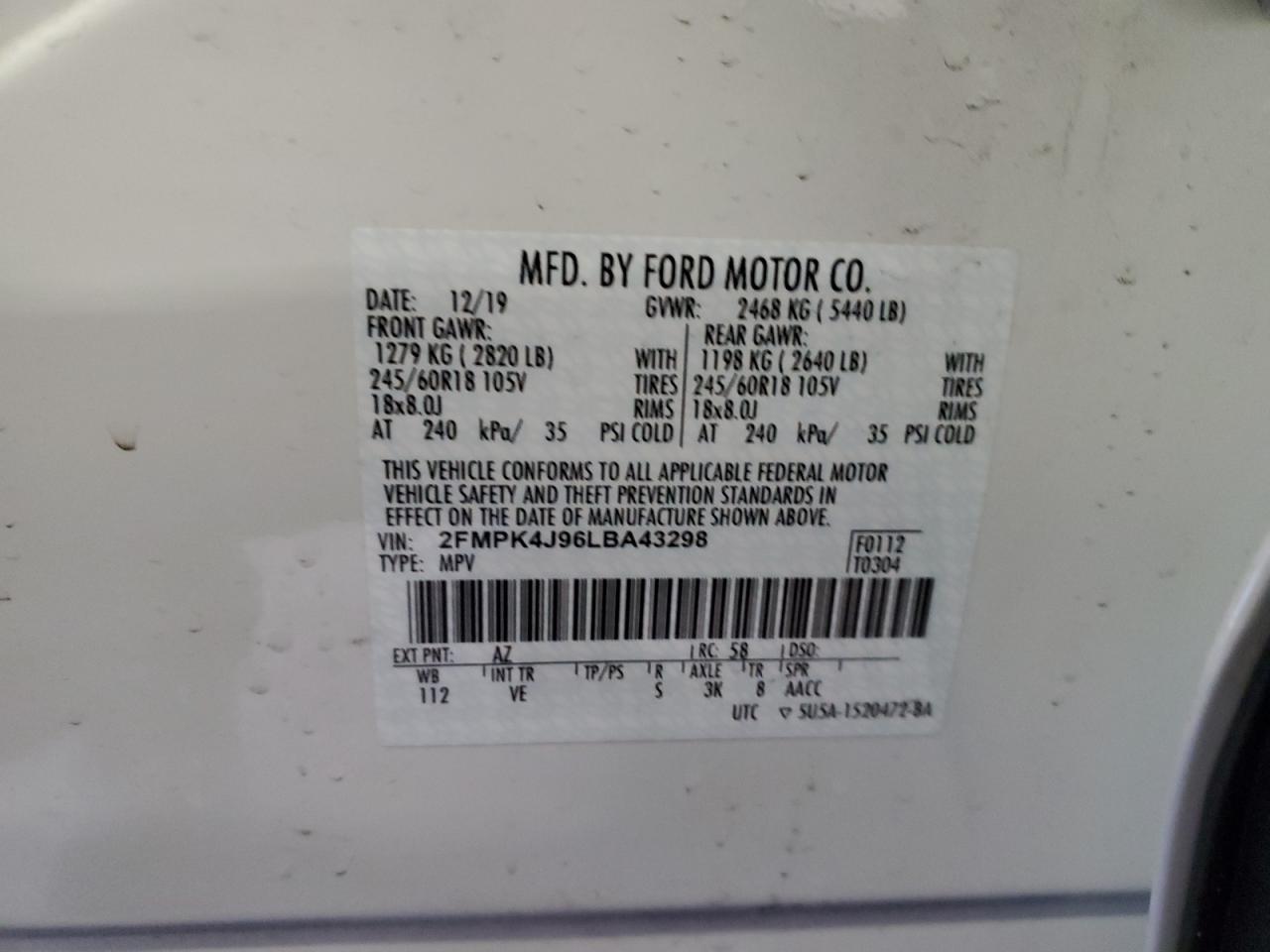 2FMPK4J96LBA43298 FORD EDGE 2020