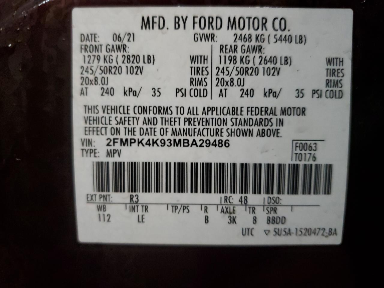 2FMPK4K93MBA29486 FORD EDGE 2021