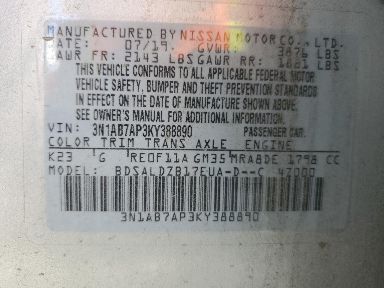 3N1AB7AP3KY388890 NISSAN SENTRA 2019