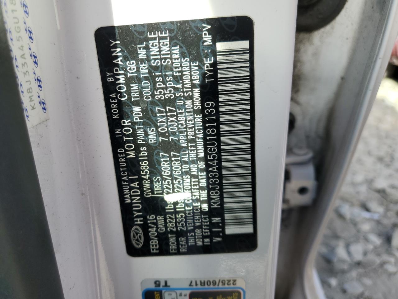 KM8J33A45GU181139 HYUNDAI TUCSON 2016