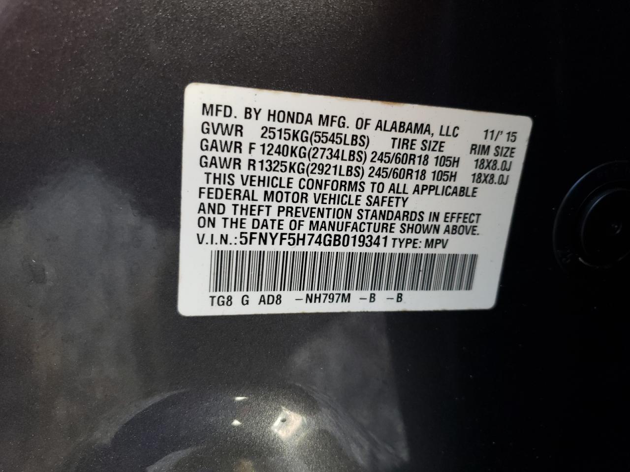 5FNYF5H74GB019341 HONDA PILOT 2016