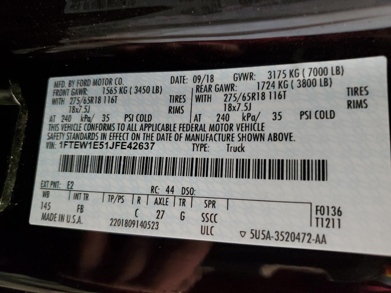 1FTEW1E51JFE42637 FORD F-150 2018