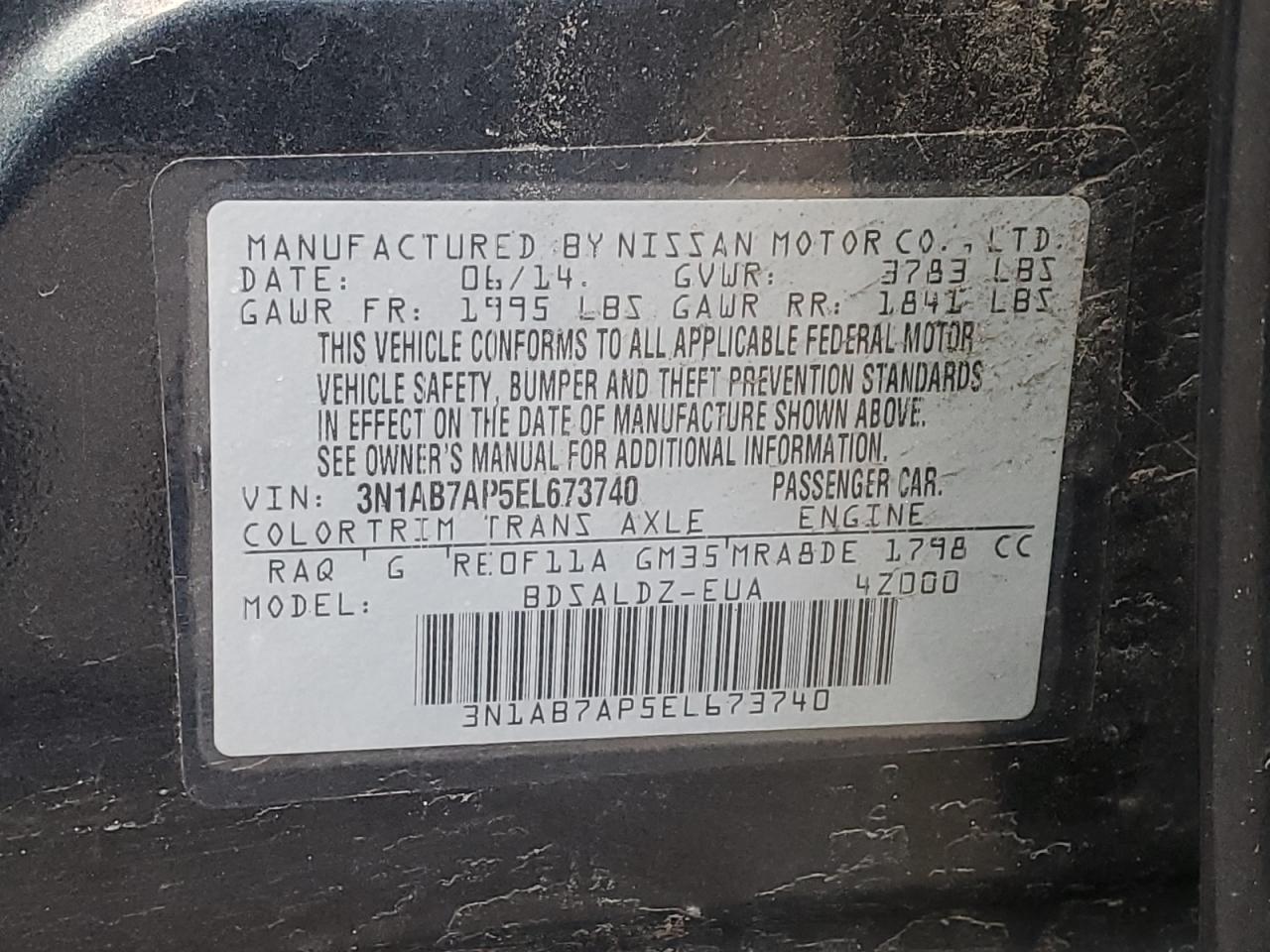 3N1AB7AP5EL673740 2014 Nissan Sentra S