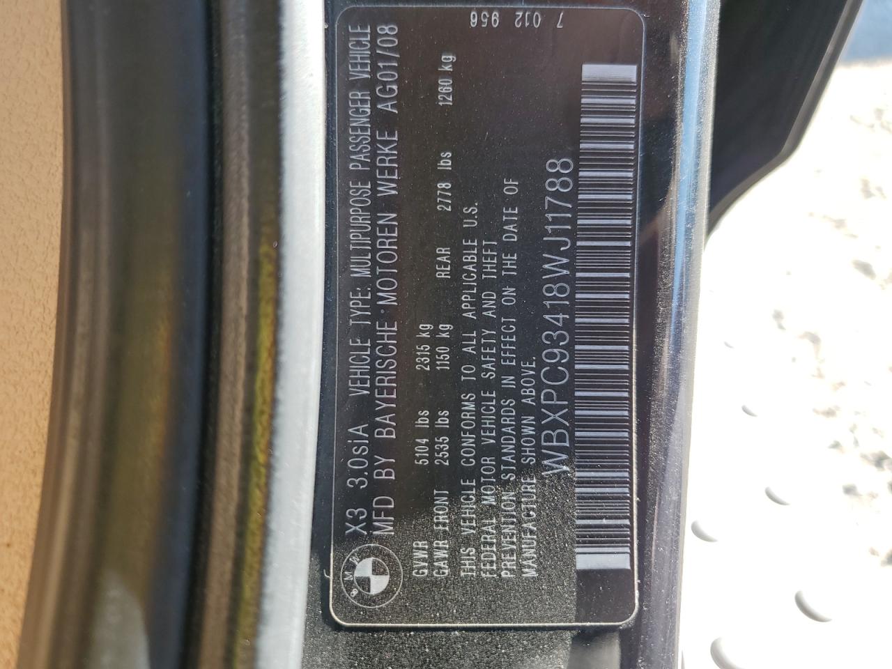 WBXPC93418WJ11788 2008 BMW X3 3.0Si