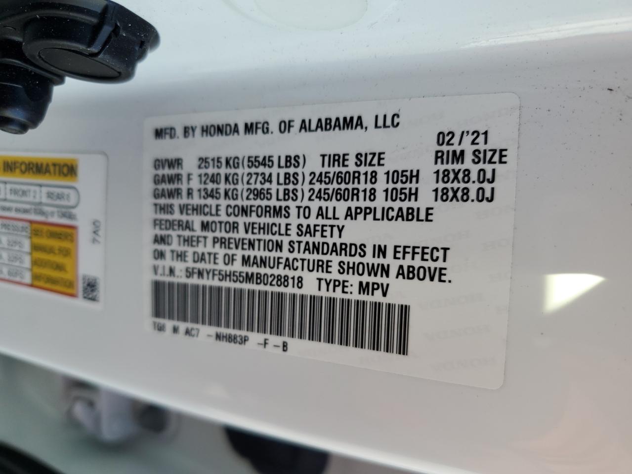 5FNYF5H55MB028818 HONDA PILOT 2021
