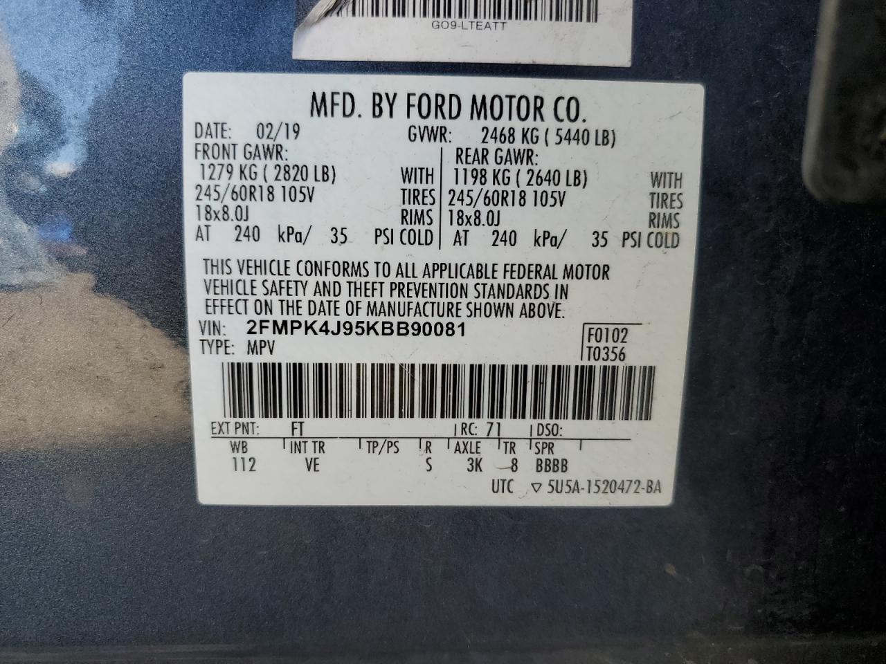 2FMPK4J95KBB90081 FORD EDGE 2019
