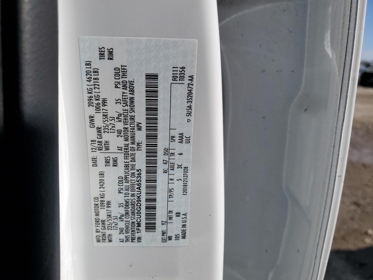 1FMCU0GD9KUA65365 FORD ESCAPE 2019