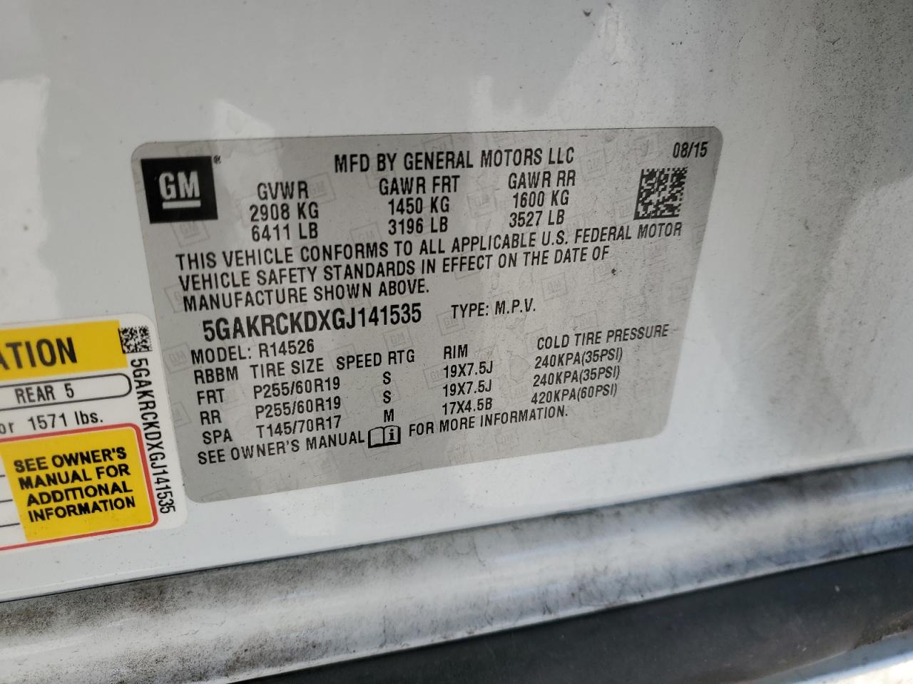 5GAKRCKDXGJ141535 BUICK ENCLAVE 2016