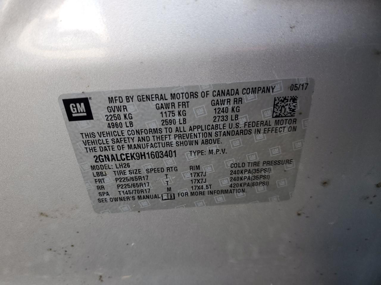 2GNALCEK9H1603401 CHEVROLET EQUINOX 2017