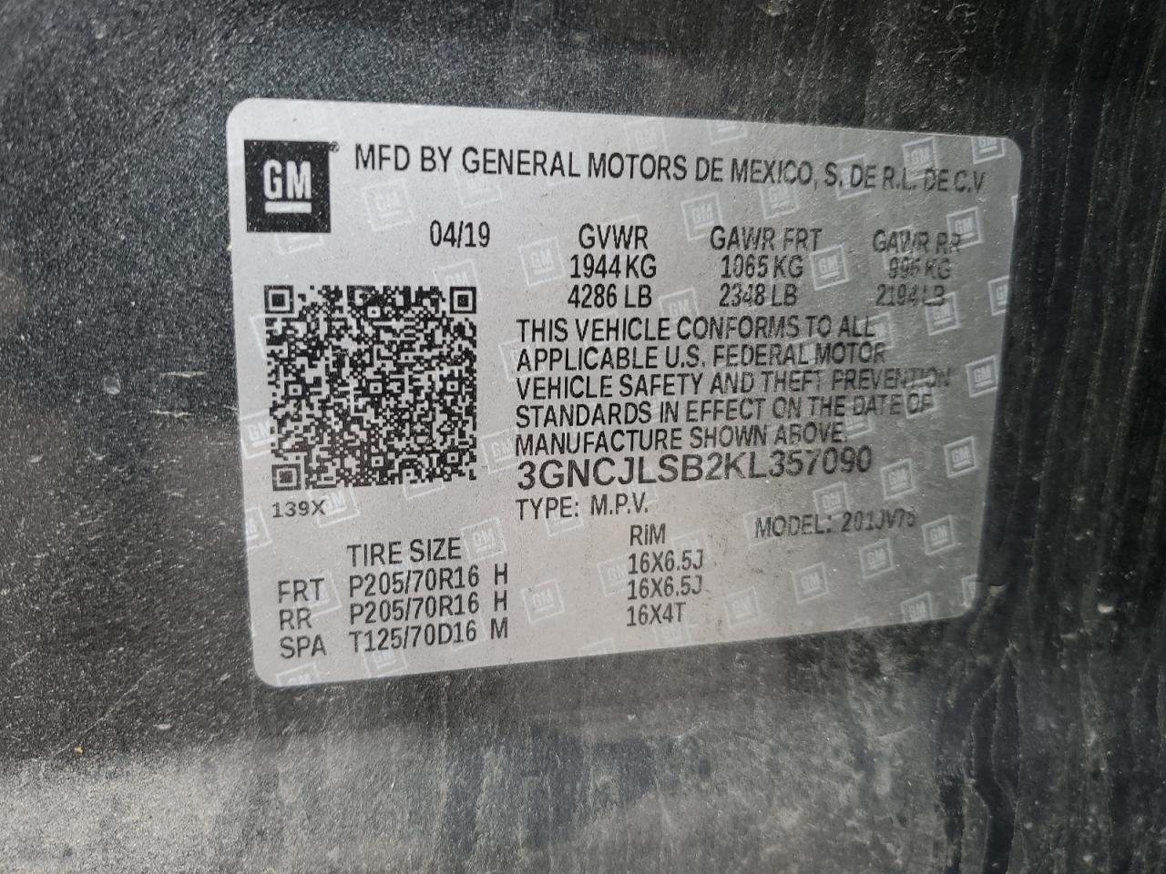 3GNCJLSB2KL357090 CHEVROLET TRAX 2019