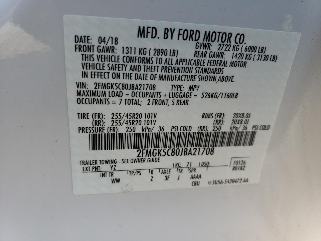 2FMGK5C80JBA21708 FORD FLEX 2018