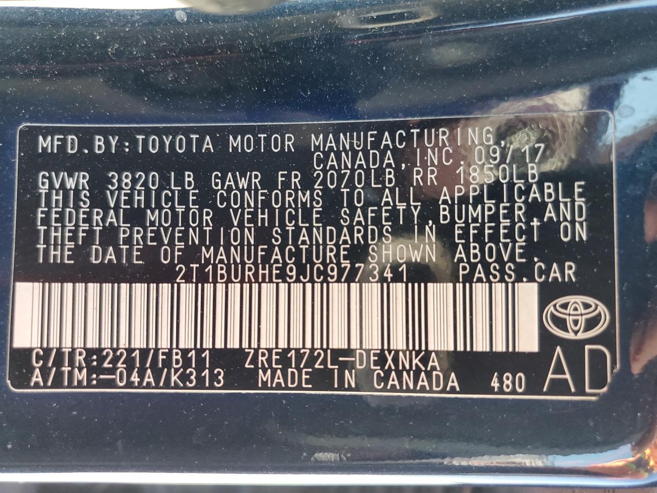 2T1BURHE9JC977341 TOYOTA COROLLA 2018