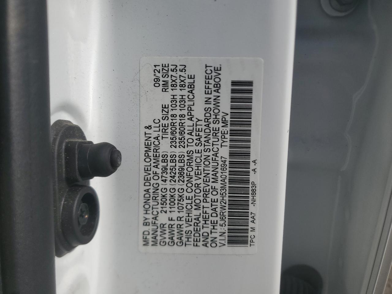5J6RW2H53MA016947 HONDA CRV 2021