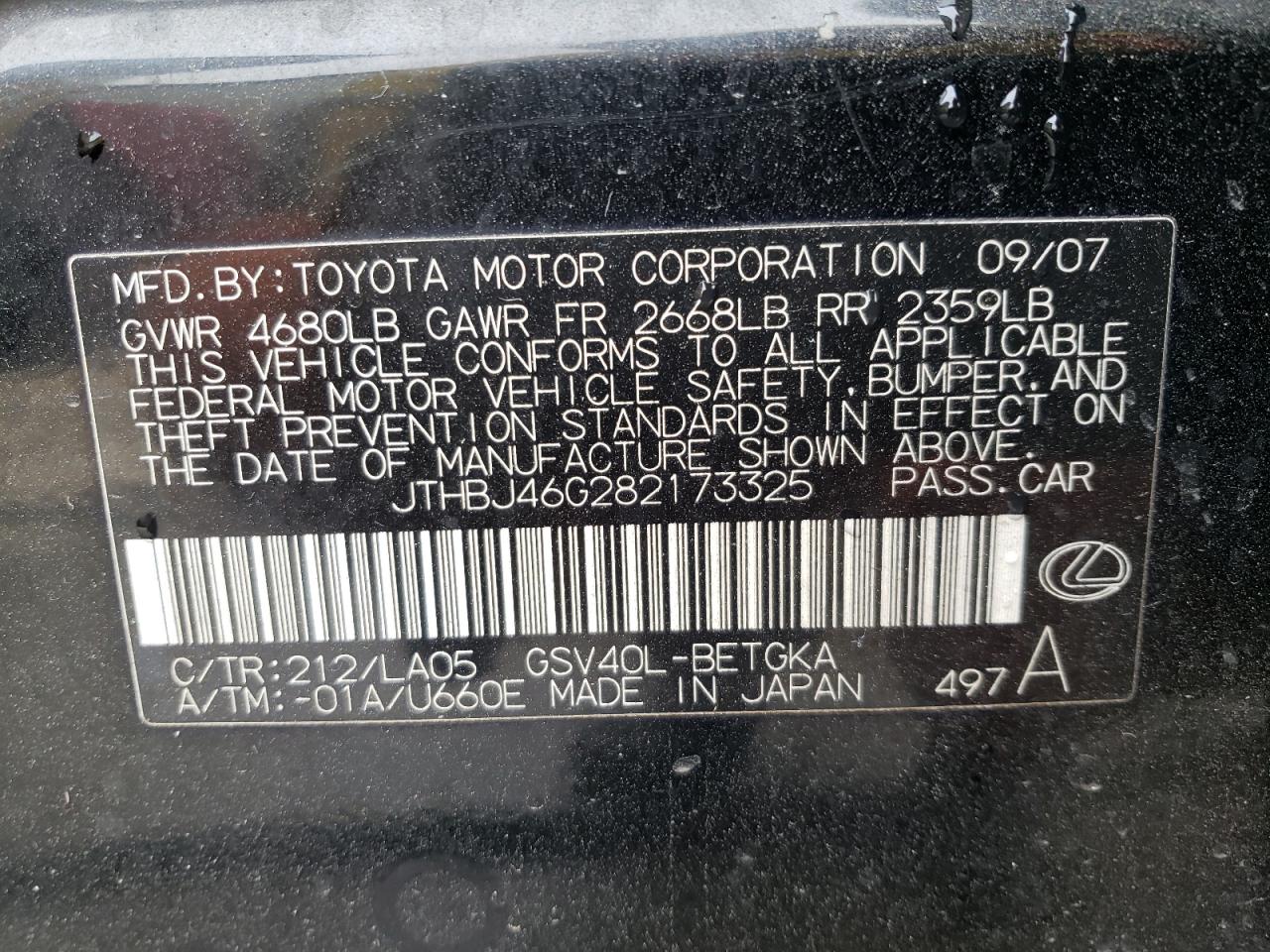 JTHBJ46G282173325 2008 Lexus Es 350