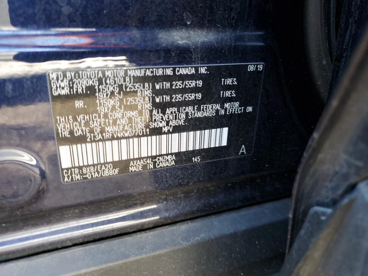 2T3A1RFV4KW077011 TOYOTA RAV4 2019