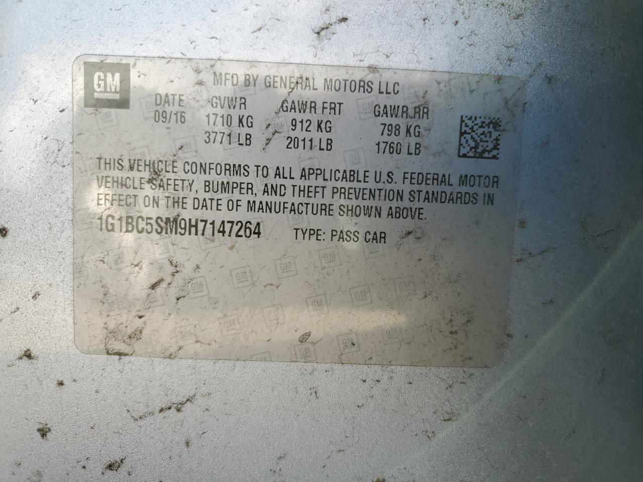 1G1BC5SM9H7147264 CHEVROLET CRUZE 2017