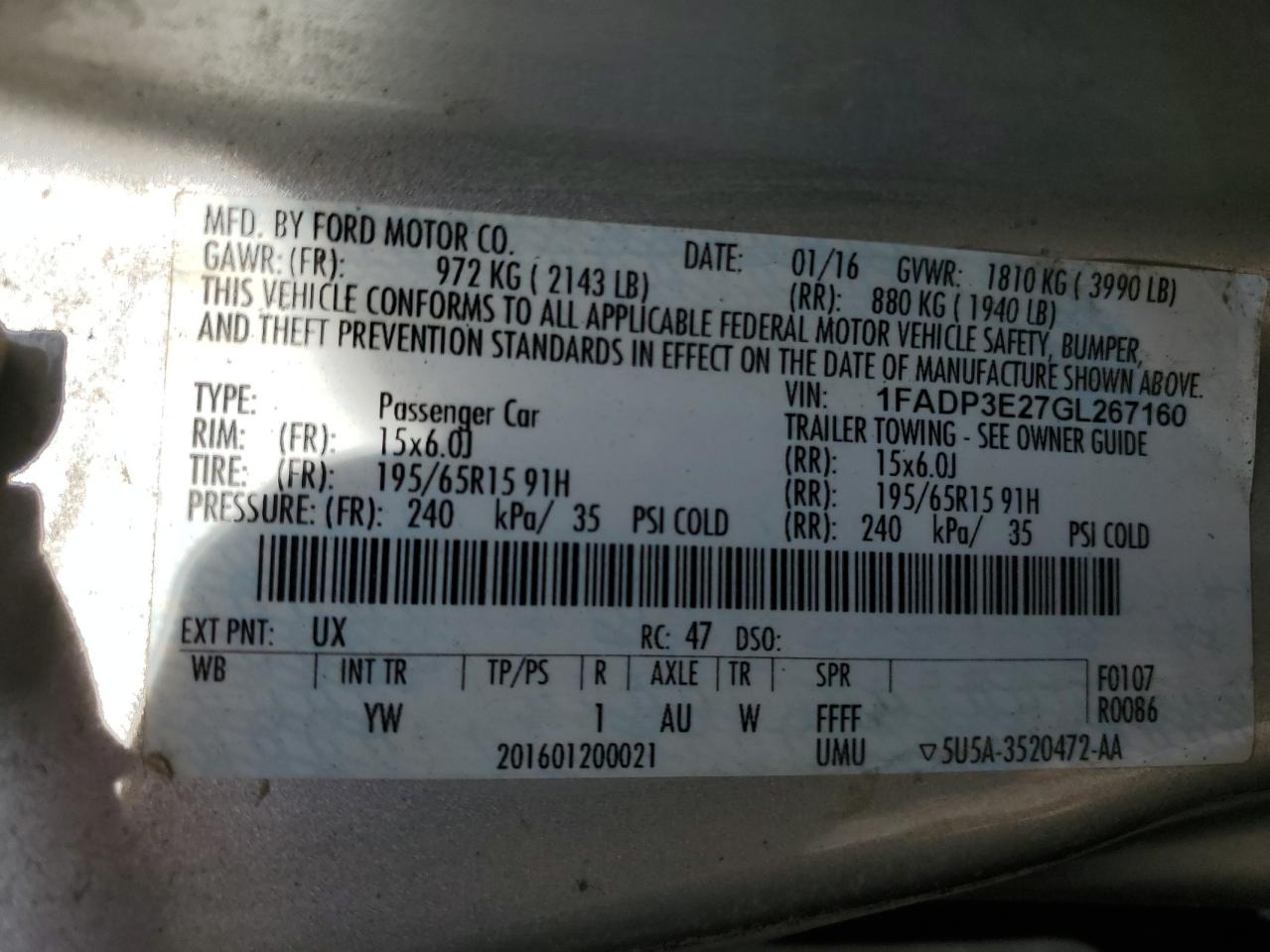 1FADP3E27GL267160 FORD FOCUS 2016