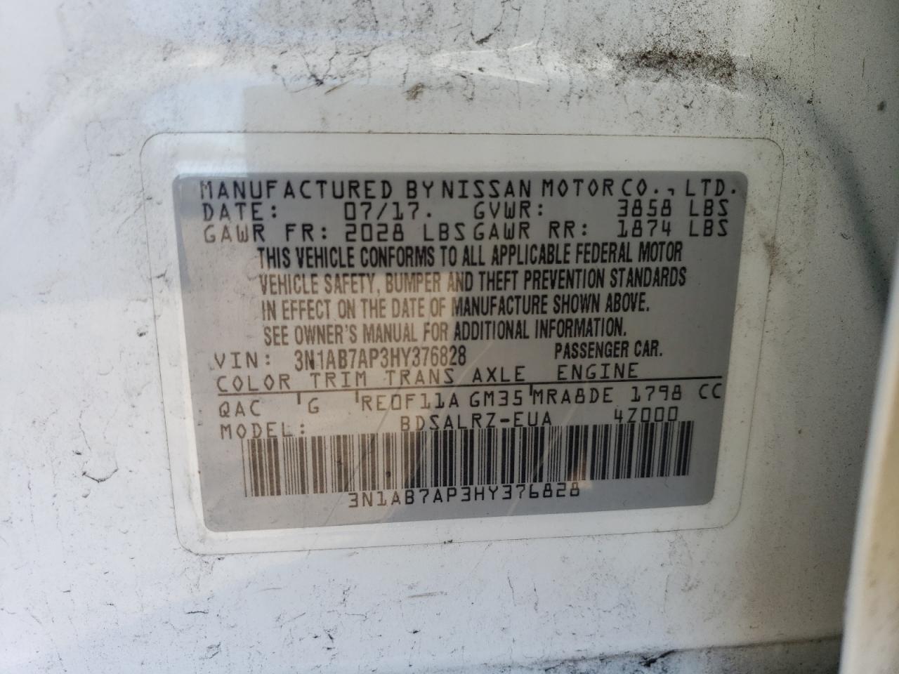 3N1AB7AP3HY376828 NISSAN SENTRA 2017