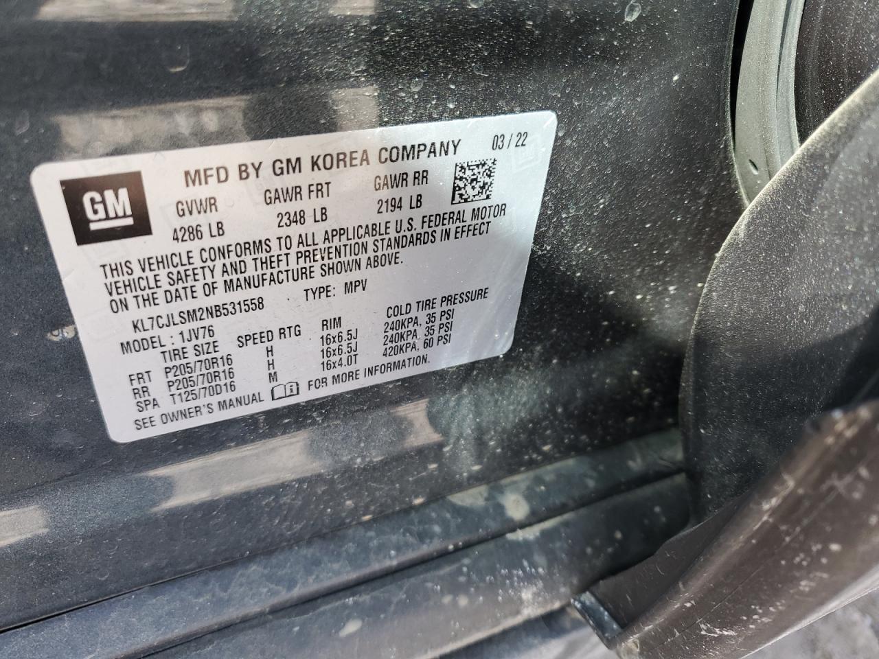 KL7CJLSM2NB531558 CHEVROLET TRAX 2022
