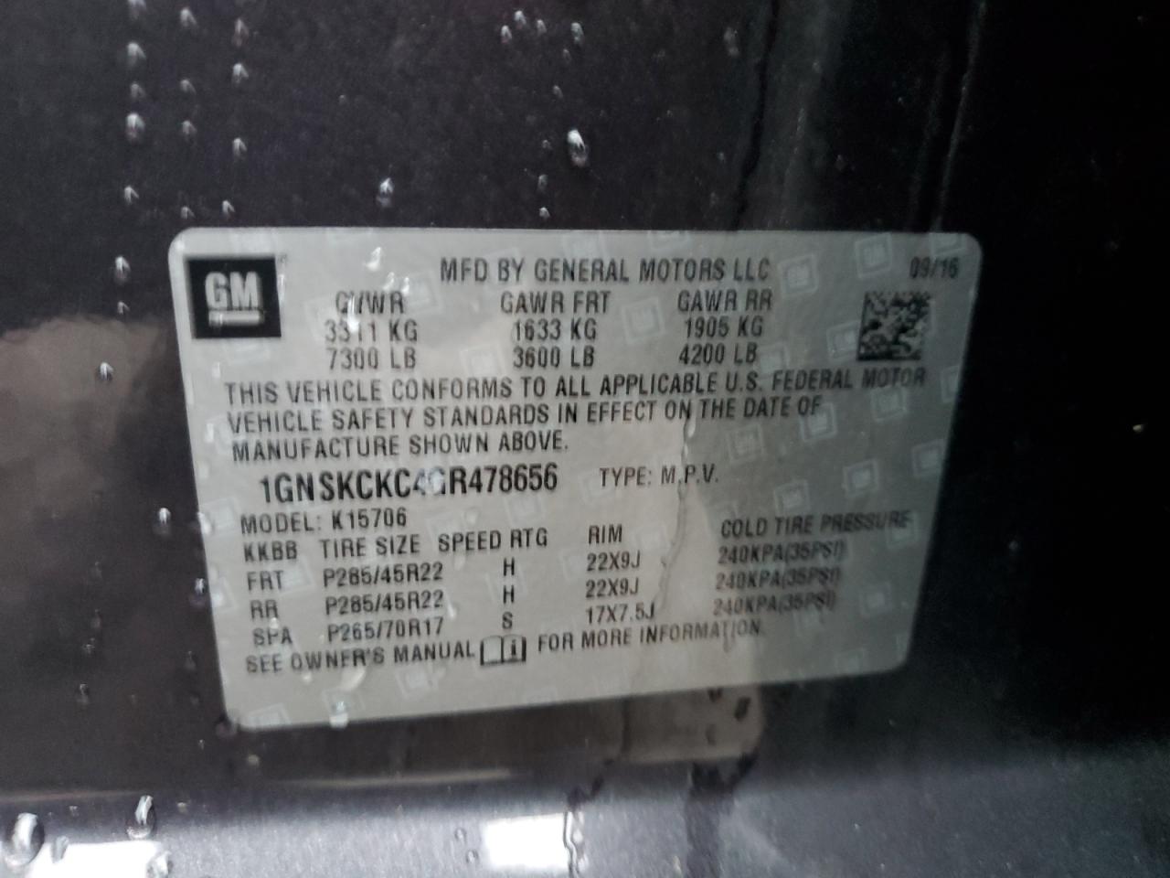 1GNSKCKC4GR478656 CHEVROLET TAHOE 2016