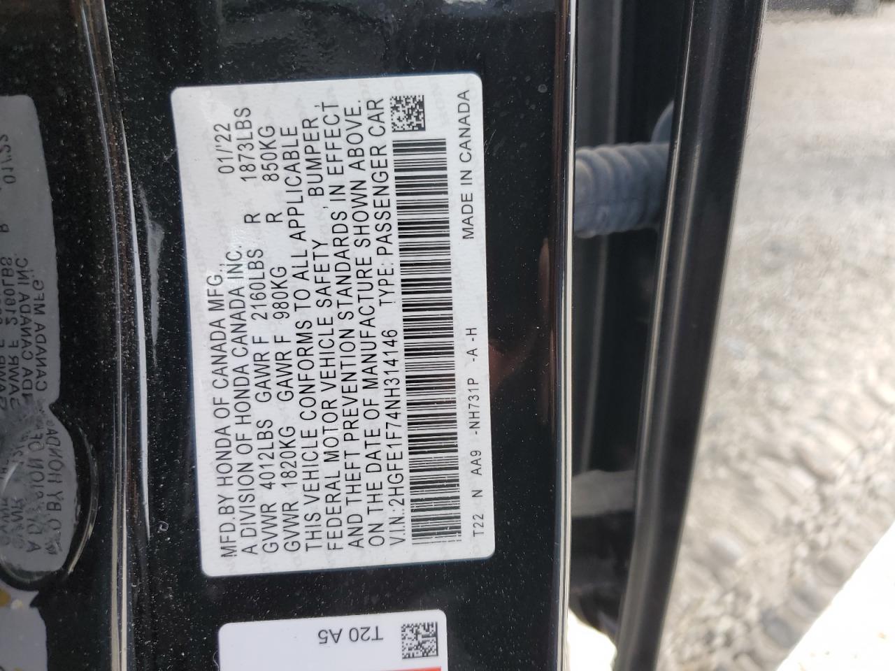 2HGFE1F74NH314146 HONDA CIVIC 2022