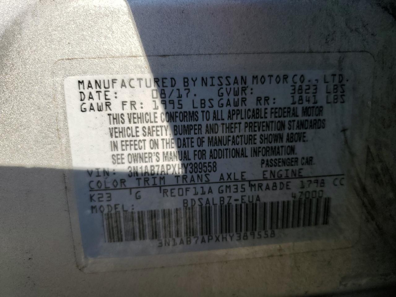 3N1AB7APXHY389558 NISSAN SENTRA 2017