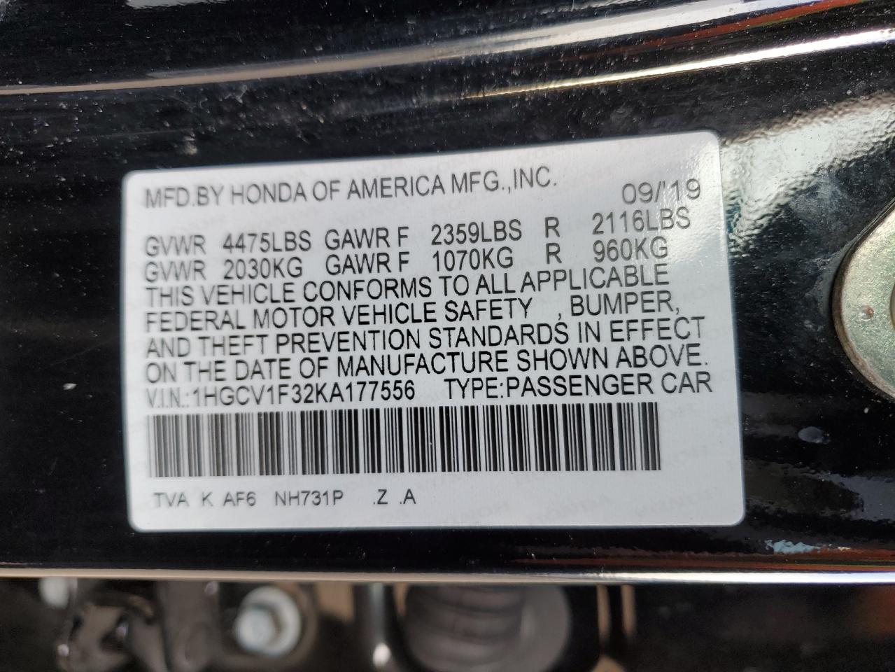 1HGCV1F32KA177556 HONDA ACCORD 2019