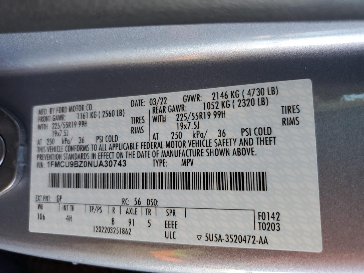 1FMCU9BZ0NUA30743 FORD ESCAPE 2022