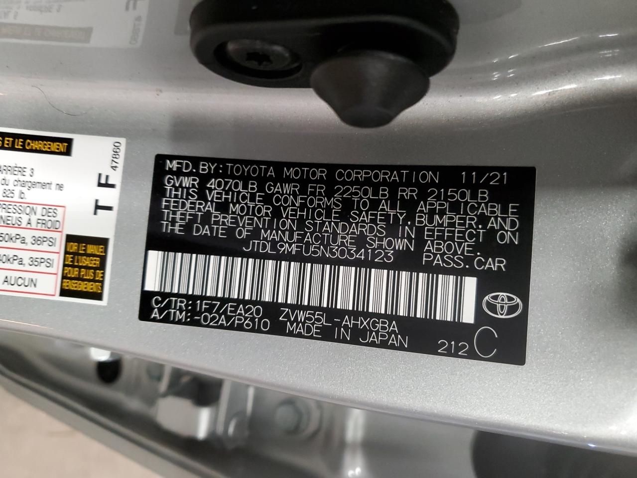 JTDL9MFU5N3034123 TOYOTA PRIUS 2022
