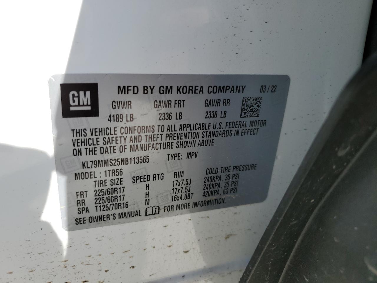KL79MMS25NB113565 CHEVROLET TRAILBLZR 2022