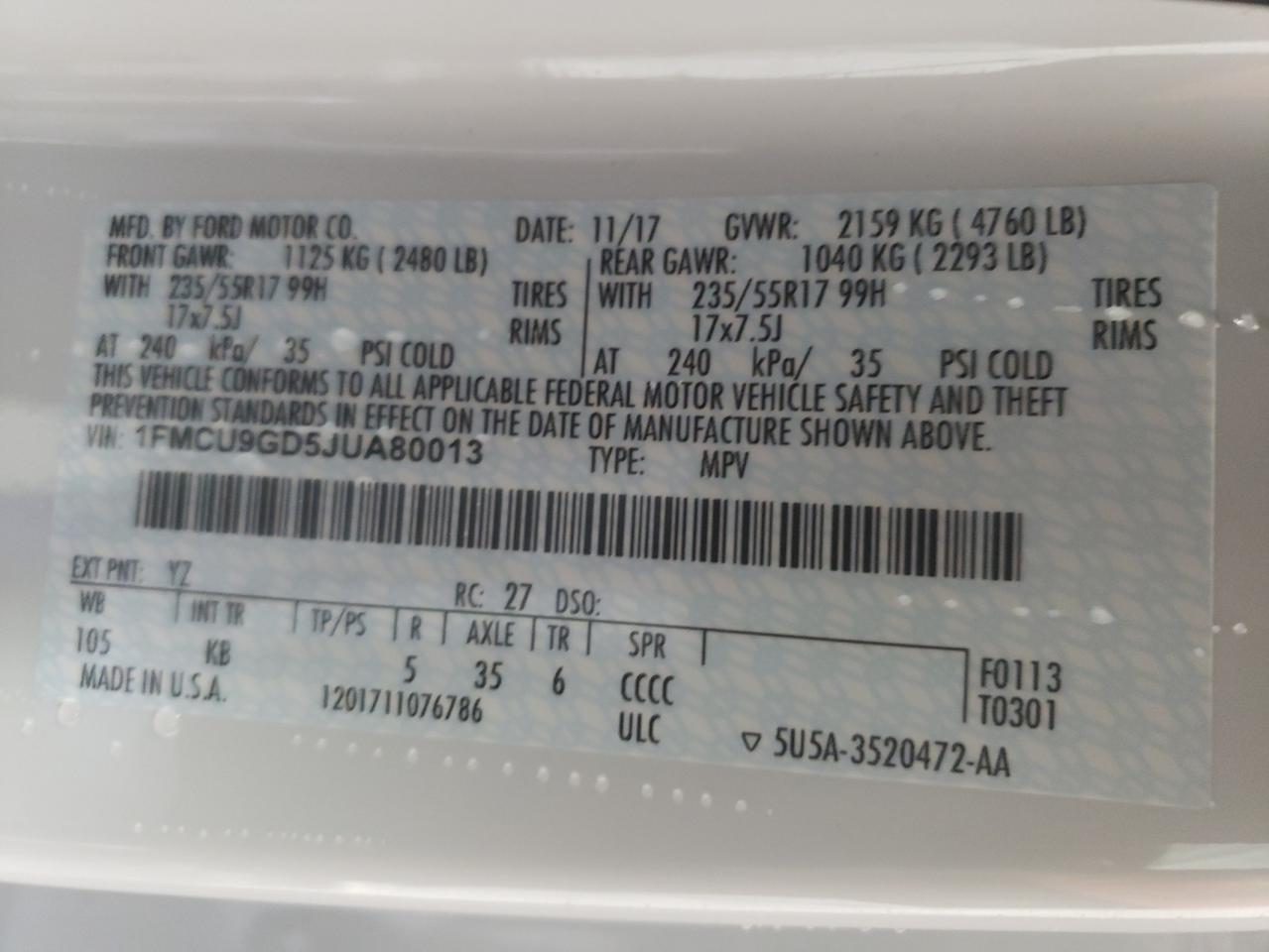 1FMCU9GD5JUA80013 FORD ESCAPE 2018