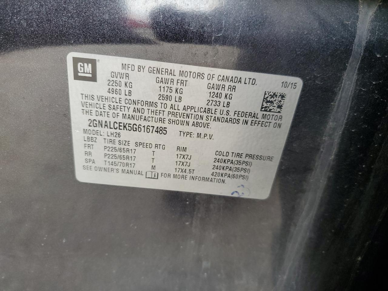 2GNALCEK5G6167485 CHEVROLET EQUINOX 2016