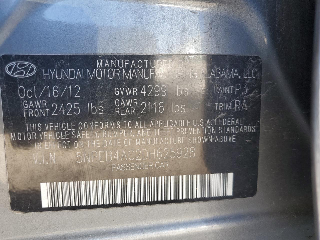 5NPEB4AC2DH625928 2013 Hyundai Sonata Gls