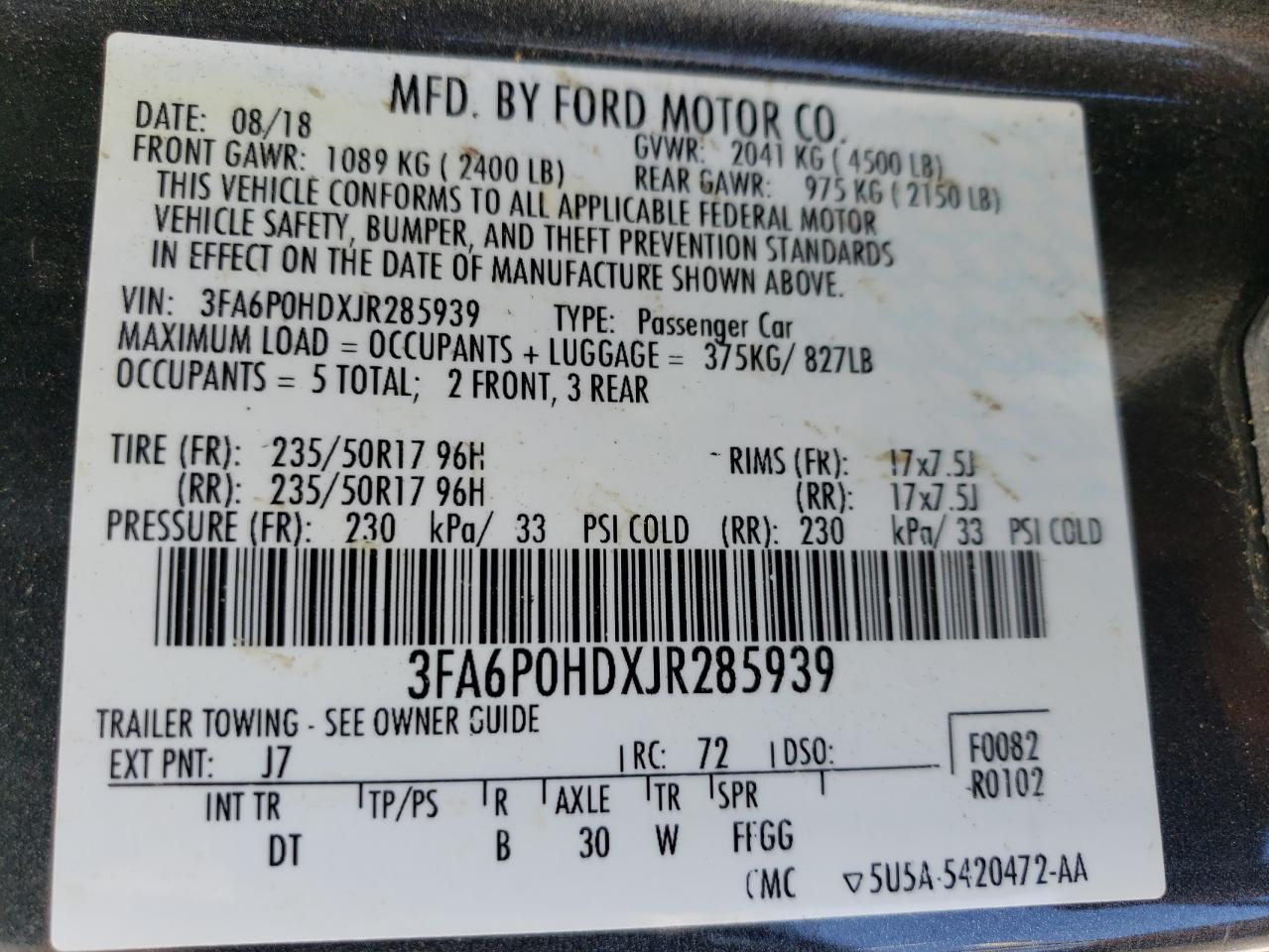 3FA6P0HDXJR285939 FORD FUSION 2018