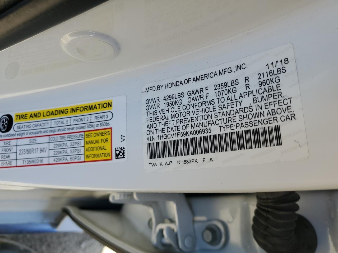 1HGCV1F59KA006935 HONDA ACCORD 2019
