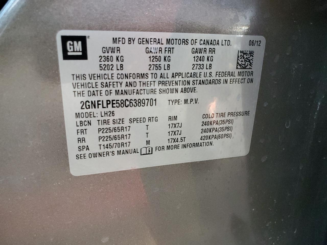 2GNFLPE58C6389701 2012 Chevrolet Equinox Lt